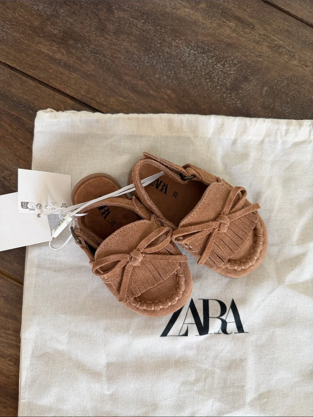ZARA Kids Tan Suede Moccasin Shoes with Fringe & Bow
